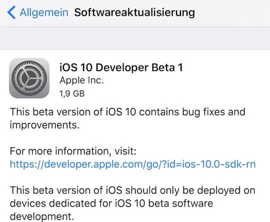 iOS 10 Beta 1 lsst sich als Update installieren