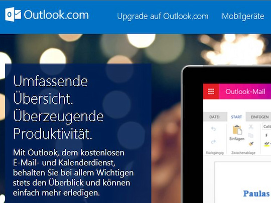 Die Startseite von Outlook.com