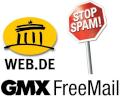 Die Logos von Web.de und GMX und ein Stop-Spam-Schild.
