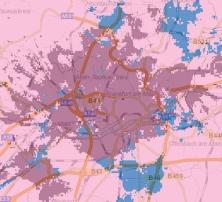 LTE-Netzabdeckung der Telekom in Frankfurt am Main (blaue Flchen: geplant)