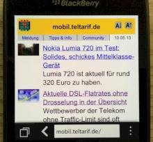 Mobile Version der teltarif-Webseite im Browser des Blackberry Q10