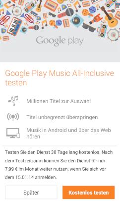 Google Play Music All-Inclusive kann einen Monat lang kostenlos getestet werden
