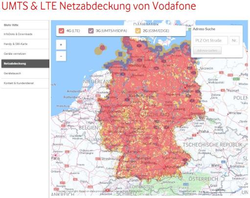 Relativ bunt zeigt sich die Karte zur Netzabdeckung von Vodafone