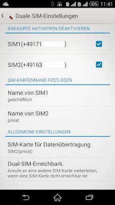 Konfigurationsmen fr die beiden SIM-Karten