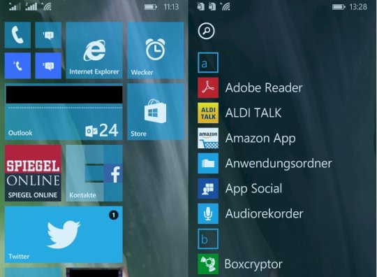 Der Homescreen nach dem Update auf die Windows-10-Preview