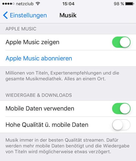 Apple Music ber das Mobilfunknetz streamen