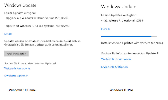 Update-Installation bei Windows 10 Home und Pro