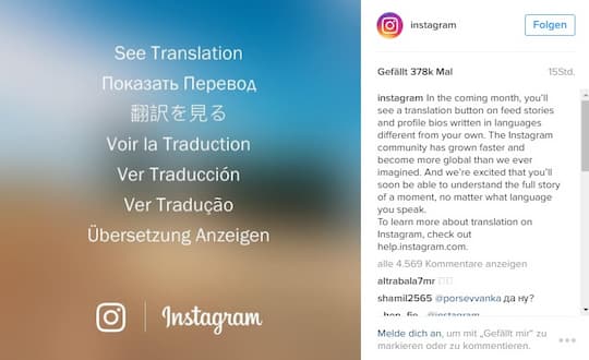Instagram mit bersetzung: Ankndigung fr das Update