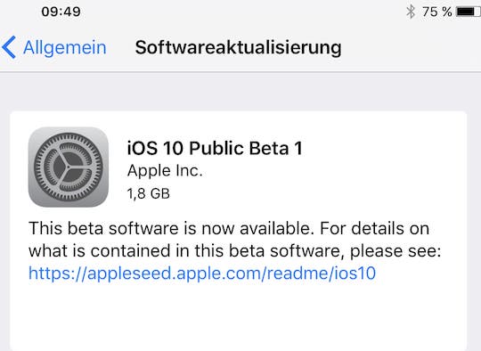 Update auf die Vorab-Version von iOS 10