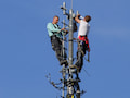 Netztechniker bringen neue Sendeanlagen auf einem Mobilfunkmast an