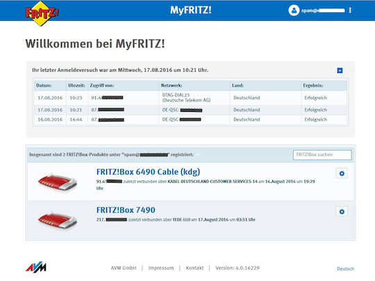 Die Startseite der Beta-Version von myfritz.net