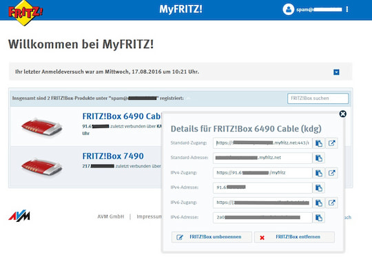 Beta-Version von myfritz.net mit ausgeklapptem Drop-Down-Men