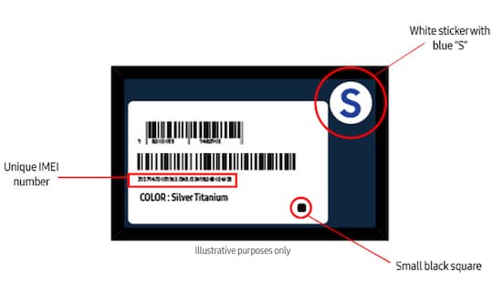 So wird der Aufkleber auf der Verpackungsrckseite des Note 7 aussehen: Ein blaues "S" und ein schwarzes Quadrat weisen darauf hin, dass es sich um eine sichere Version handelt