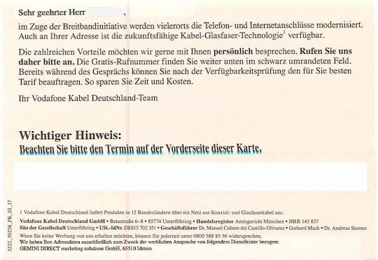 Rckseite der Postkarte von Vodafone Kabel Deutschland