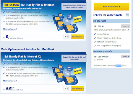 1&1: Bis zu vier SIM-Karten ohne Grundgebühr mit Festnetz-Flat