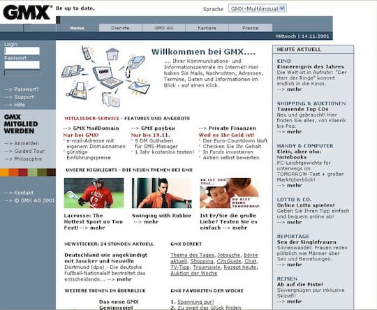 Screenshot der GMX-Seite 2001