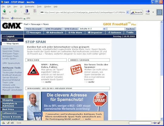 Screenshot der GMX-Seite 2003 mit Spam-Schutz