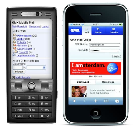 GMX.de auf einem WAP Handy und auf dem iPhone