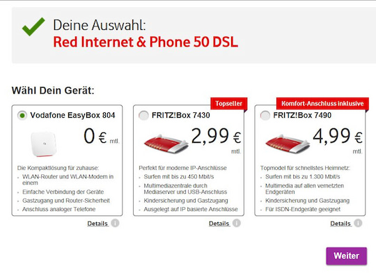 Vodafone: ohne Router-Auswahl geht Bestellung nicht weiter