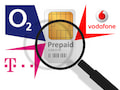 Montage der Logos der Netzbetreiber Telekom, Vodafone und Telefnica vor einer SIM-Karte mit dem Schriftzug "Prepaid".