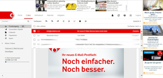 Ein Screenshot der neuen Weboberflche von Vodafone Mail