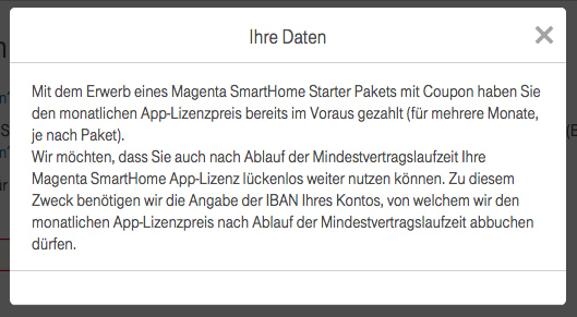 Screenshot aus dem Bestellprozess fr die Lizenz der Magenta Smarthome App.