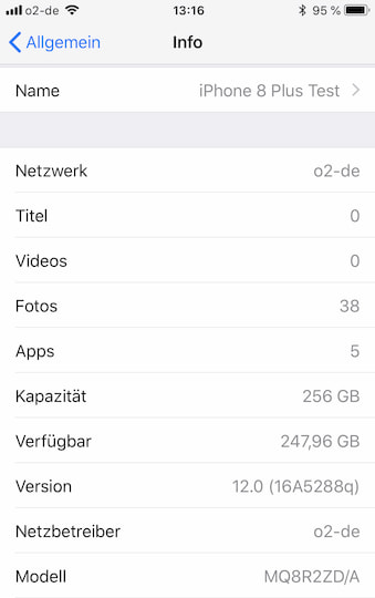 iOS 12 mit Buildnummer 16A5288q installiert