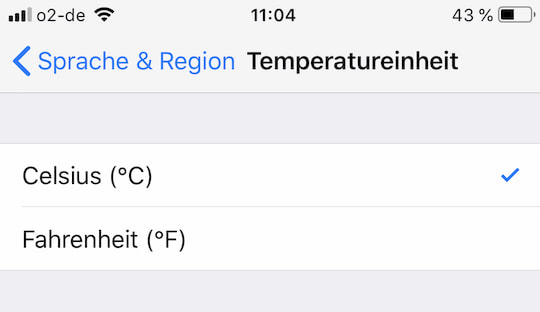 Temperaturanzeige wahlweise in Celsius oder Fahrenheit
