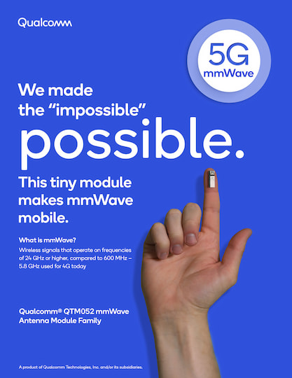 Mobilfunk auf 26 GHz? Auf der Fingerkuppe liegt das neue QTM052 mmWave Module von Qualcomm, womit 5G-Endgerte mglich werden.
