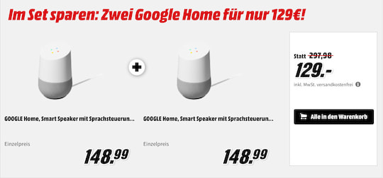 MediaMarkt hat zwei smarte Google-Home-Lautsprecher im Set im Angebot.