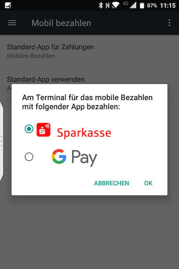 Auswahl zwischen Sparkasse und Google Pay