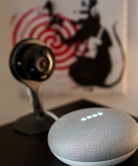 Bild des Google Home Mini Smart Speakers vor der Nest Cam Indoor.
