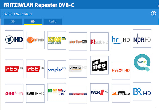 Screenshot der Senderliste im FRITZ!WLAN Repeater DVB-C