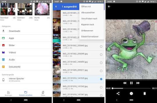 Google Files Go Version 1.0.217: links Bereich Speichergerte, Bildmitte Dateioptionen, rechts Mediaplayer