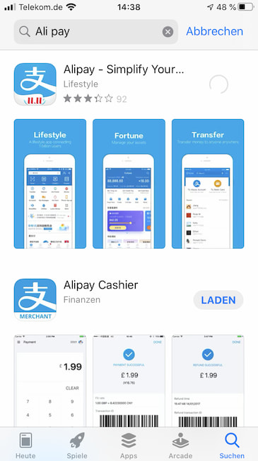 Die Apps von Alipay sind im deutschen iTunes und Google Play Store zu finden. Die "Cashier" App ist fr teilnehmende Hndler gedacht