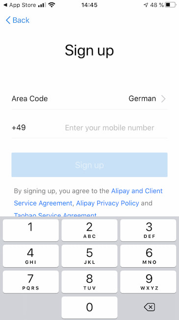 Die Alipay App lsst sich jetzt auf einem Handy mit beispielsweise deutscher SIM-Karte installieren