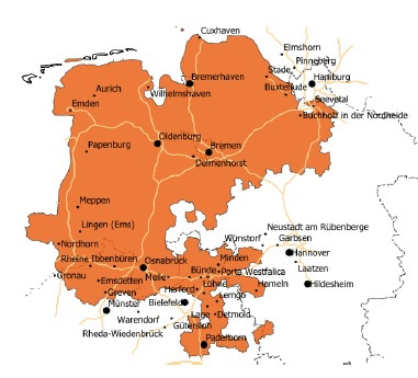 Das Ausbaugebiet der Glasfaser Nordwest reicht von Paderborn bis zur Nordseekste und kurz vor Hamburg