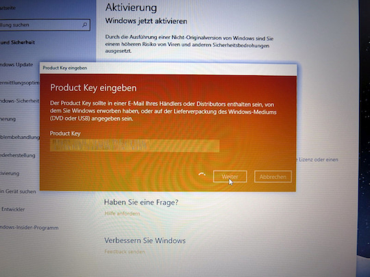 Aktivierung mit dem alten Lizenzkey von Windows 7