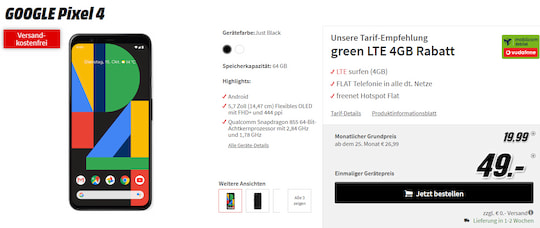 MediaMarkt-Tarifwelt: Google Pixel 4 mit green LTE 4 GB