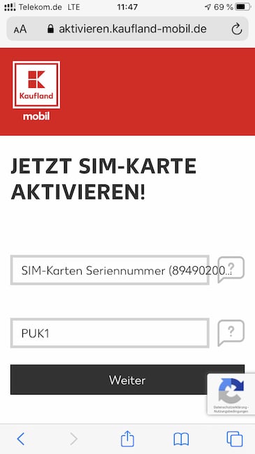 Beim Anmelden wird die SIM-Kartennummer und die PUK1 bentigt. Der Beginn der SIM-Kartennummer (894902000016) ist schon vorgegeben.
