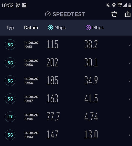 5G-Test mit der "Speedtest"-App von Ookla