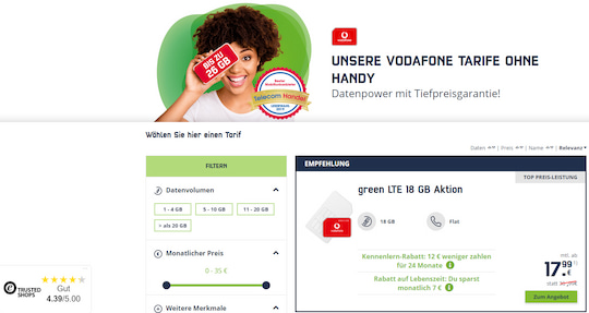 Aktion: 18 GB fr knapp 18 Euro im Monat im Netz von Vodafone, mit LTE, Hotspots und Sprache/SMS-Flat bei mobilcom-debitel 