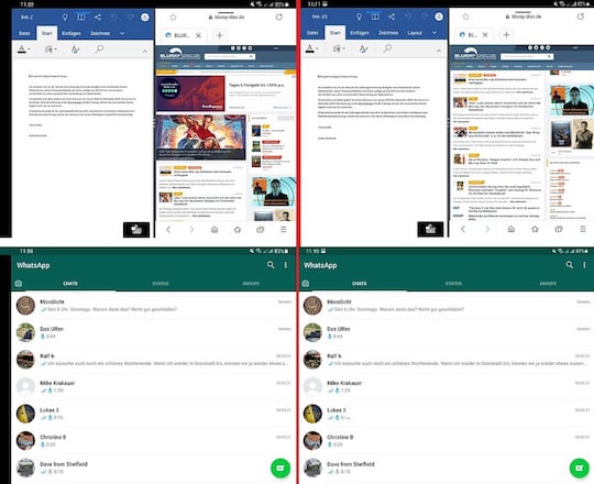 Darstellung von Split-Screen und WhatsApp im Vergleich