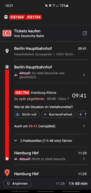 Google Maps integriert einen Link zur DB-Ticketbuchung
