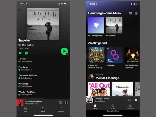Heruntergeladenes Album in der Spotify-App (iOS). Ist das iPhone im Flugmodus, wird Spotify automatisch als offline angezeigt. Dann erscheint oben die "Heruntergeladene Musik" (r.)