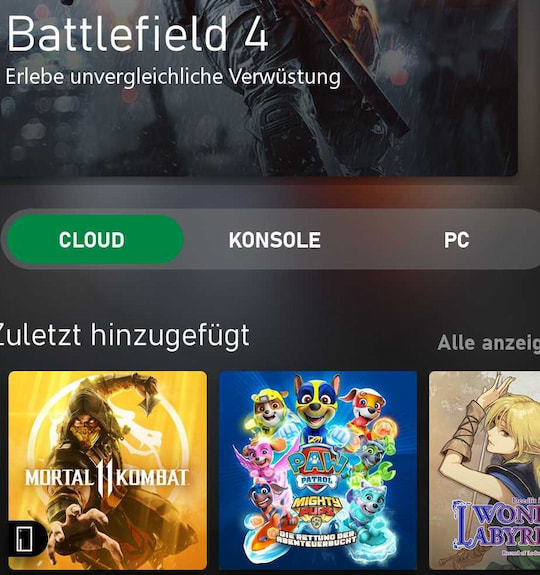Auswahl-Optionen des Xbox Game Pass in der Android-App: Cloud, Konsole oder PC