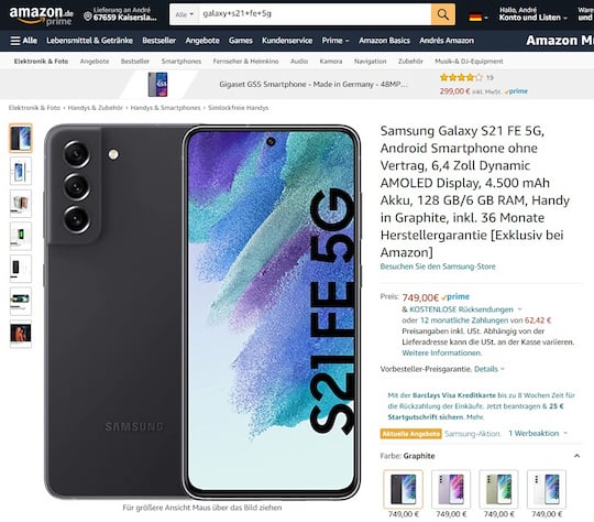 Das Galaxy S21 FE 5G bei Amazon