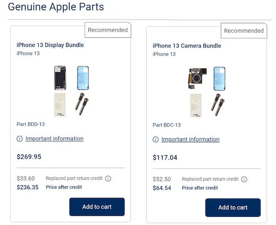 Beispiel-Preise von iPhone-Ersatzteilen