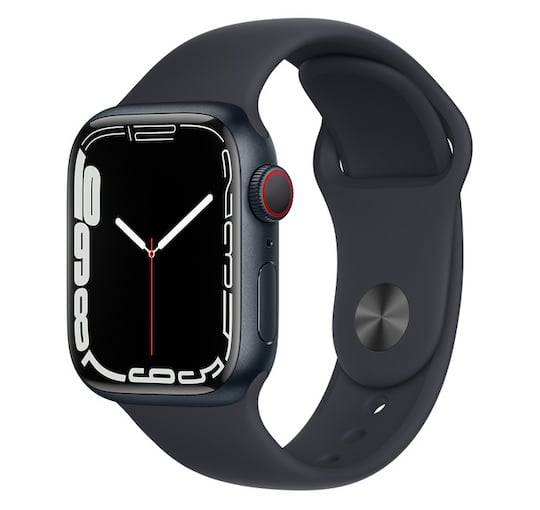 Apple Watch Series 7, 41 mm, Aluminiumgehuse und Sportarmband jeweils in der Farbe "Mitternacht"