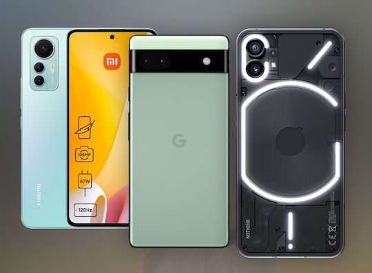 Xiaomi 12 Lite (l.), Pixel 6a (M.) und Nothing Phone (1)
